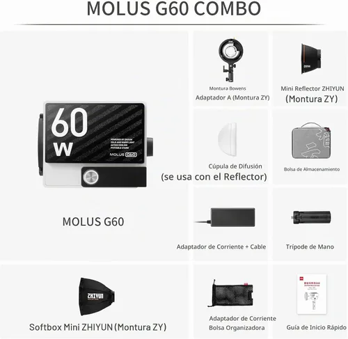 Vista 8 de Zhiyun MOLUS G60 60W COB LED luz de video 2700K-6500K iluminación de fotografía bicolor, compatible con control de aplicación Bluetooth