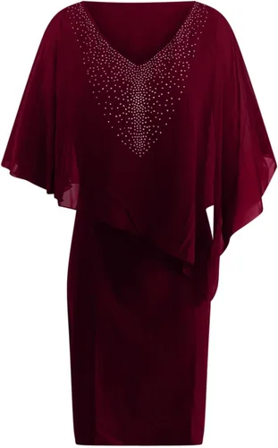 Vista 4 de Vestido de capa para mujer, talla grande, con cuello en V y diamantes de imitación, superposición de gasa, vestido de tubo bodycon para boda, cóctel