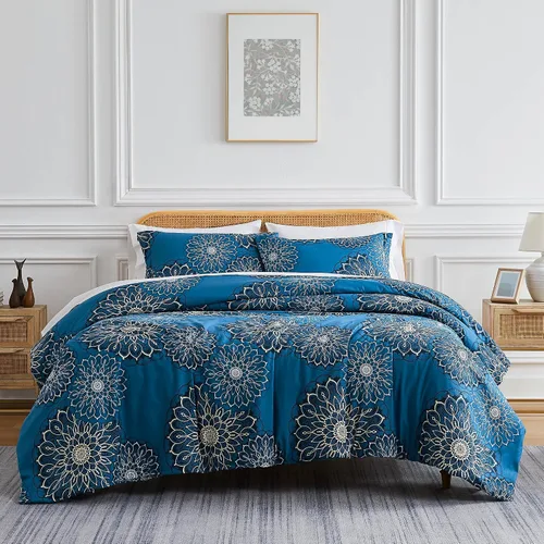 Vista 31 de Southshore Fine Living, Inc. Juego de edredón costero individual XL, edredón de plumón alternativo a rayas azules, tamaño individual XL con funda