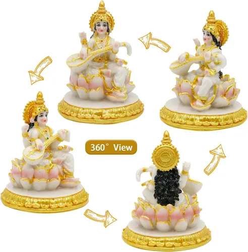 Vista 5 de alikiki Estatua de Saraswati pequeña diosa hindú – 3.9 pulgadas de alto aspecto de mármol Saraswati figura para tablero de instrumentos