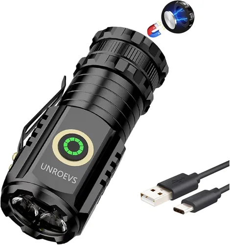 Vista 8 de Unroevs - Paquete de 4 mini linternas a granel de 2550 lúmenes con base magnética 5 modos, pequeña linterna con clip, USB C recargable de bolsillo