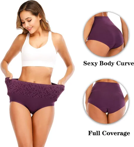 Vista 3 de Senllori Ropa interior de algodón para mujer, cintura alta, control de abdomen, bragas para mujer, talla grande, paquete múltiple