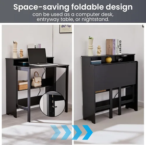 Vista 3 de Escritorio plegable con tomas de corriente, pequeña mesa plegable con estante de almacenamiento, escritorio oculto que ahorra espacio