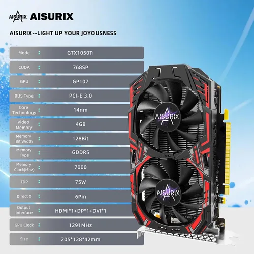 Vista 2 de AISURIX GTX 1050 Ti tarjeta gráfica de 4G, tarjeta gráfica GDDR5 de 128 bits PCI Express 3.0, tarjeta gráfica DVI VGA HDMI con ventiladores Twin
