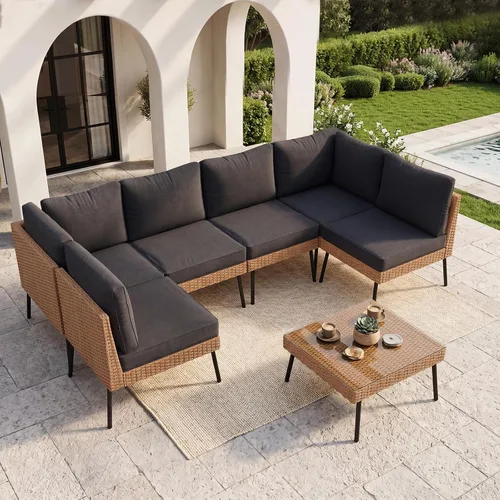 Vista 17 de Aoxun Juego de muebles de patio de 7 piezas con mesa auxiliar, color beige Muebles de mimbre para exteriores con cojines gruesos resistentes al
