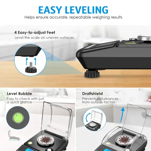 Vista 4 de AMIR Báscula digital de miligramo de 0.71 oz/0.00 oz, báscula electrónica de precisión con 6 unidades, USB y alimentada por batería, tara, pesas