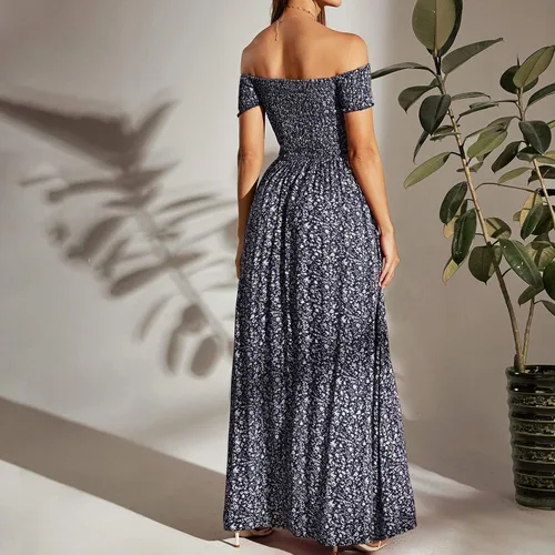 Vista 4 de Vestido largo con estampado floral bohemio para mujer, con hombros descubiertos, con abertura en A, para verano, casual, para fiesta, playa, tubo