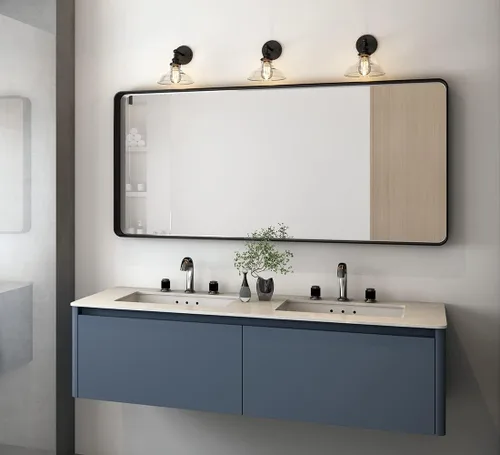Vista 6 de Espejo de baño moderno con marco negro para pared, espejo redondo rectangular de 30 x 22 pulgadas, espejo de tocador de baño negro mate, espejo