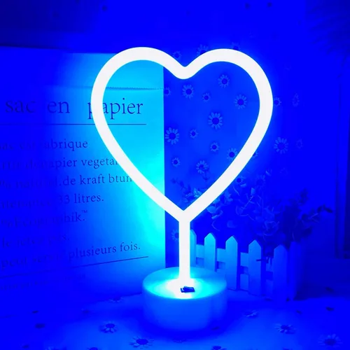 Vista 3 de Letrero de luz LED con luces de corazón, letrero de neón en forma de corazón con base (azul)