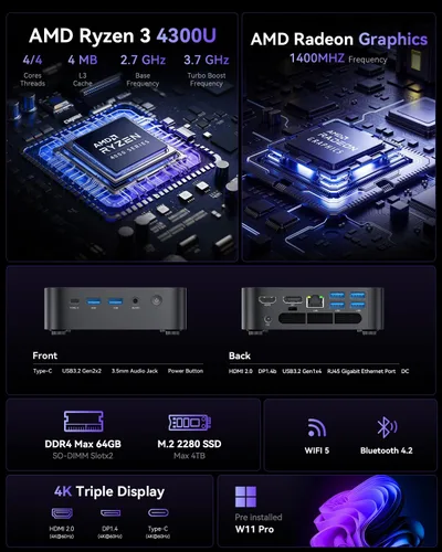 Vista 2 de ACEMAGIC Mini PC K1, procesador AMD Ryzen 4300U de 28 W, 16 GB DDR4 RAM 512 GB SSD (Beat 3300U/N150/N97) Mini computadoras 11 Pro, HDMI+DP1.4 Dual