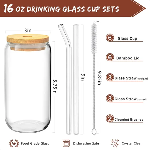 Vista 2 de SENTVEND Vasos para beber de 16 onzas con tapas de bambú y popote de vidrio, 8 vasos de vidrio, vasos de café helado de cerveza, lindos vasos
