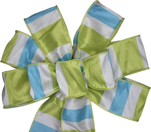 Vista 4 de Small 5-6" Aqua and Lime Striped Wired Wreath Bow