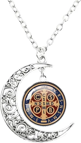 Vista 4 de Collar de plata de ley 925 de San Benito Medallón luminoso de San Benito Collar de Luna Católica Colgante San Benito Joyería medalla de san benito