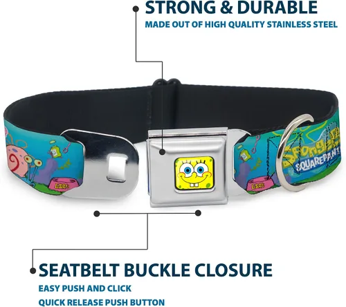 Vista 4 de Buckle-Down Collar de perro con hebilla de cinturón de seguridad, Bob Esponja y amigos/logotipo, 1 pulgada de ancho, se adapta a cuello de 9 a 15