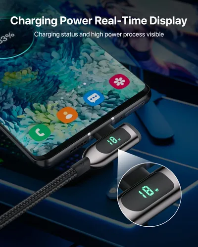 Vista 5 de SOOPII 100W Cable USB C a USB C de Ángulo Recto, Cable de Aleación de Zinc de 1 Pie de Tipo-C Trenzado de Nylon con Pantalla LED para iPad