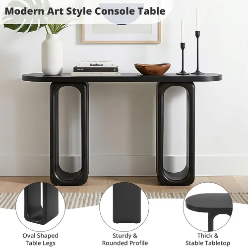 Vista 5 de 50" Modern Art Sculptural Console Table, Oval Cutout Legs, Wood Veneer, Thick Rounded Tabletop, Contemporary Entryway Sofa Table for Living Room