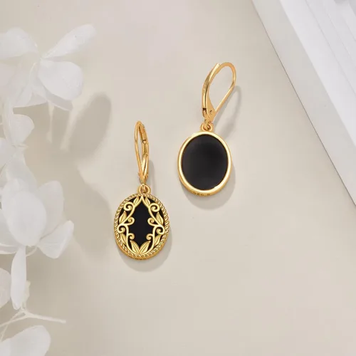 Vista 4 de Aretes de ónix negro de plata de ley chapados en oro amarillo de 18 quilates con filigrana bohemia, aretes colgantes de joyería para mujeres y niñas