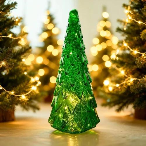 Vista 2 de Decoración de árbol de Navidad de mesa, 12 pulgadas de alto, árbol de Navidad LED de vidrio soplado verde, decoración de luz navideña para interiores