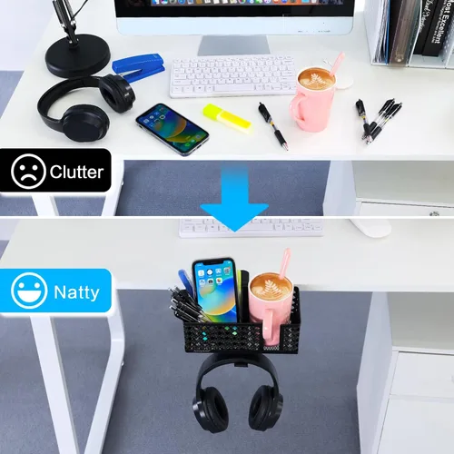 Vista 2 de Soporte para tazas de escritorio, gancho con clip, soporte para bolígrafo, organizador de escritorio, soporte para lápices, soporte para teléfono