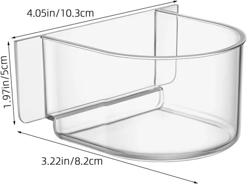 Vista 2 de Comedero de alimentos para jaula de pájaros, 2 piezas: tazas de agua de semicírculo grueso transparente – Caja de recipiente de platos pequeños