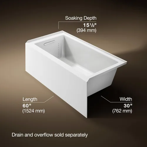 Vista 3 de Kohler 20201-LA-0 Bañera de alcoba Underscore® de 60" x 30" con delantal integral, brida integral y drenaje a la izquierda, Blanco