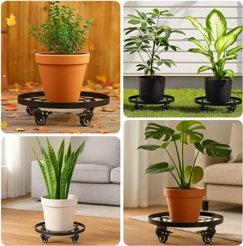 Vista 8 de Paquete de 3 posavasos de metal para plantas de 10.6 pulgadas, con ruedas, soporte rodante resistente para plantas con ruedas para interiores y Negro