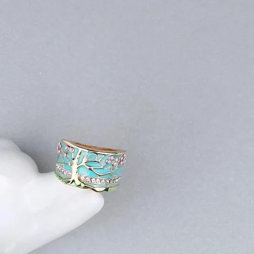Vista 3 de Anillos de árbol de flores de la suerte, oro rosa, ópalo verde, esmaltado, anillo ancho para mujer, joyería vintage de cristal para fiesta