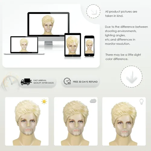 Vista 6 de DDHAIR Peluca rubia para hombre, pelo sintético corto en capas con parte Rubio