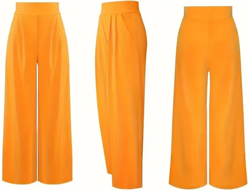 Vista 3 de LROSEY Pantalones palazzo elásticos casuales de pierna ancha con bolsillos para mujer, pantalones de vestir fluidos, pantalones de cintura alta