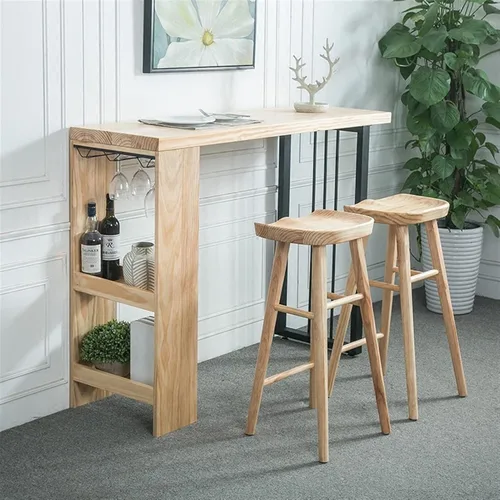 Vista 5 de Mesa de barra de altura nórdica moderna barra de madera maciza para el hogar multifuncional sala de estar Bar con estante Tienda de té con leche