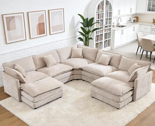 Vista 13 de Sofá modular de gran tamaño, sofá grande en forma de U con asiento profundo, sofás de nube de felpilla para sala de estar, sofá modular convertible