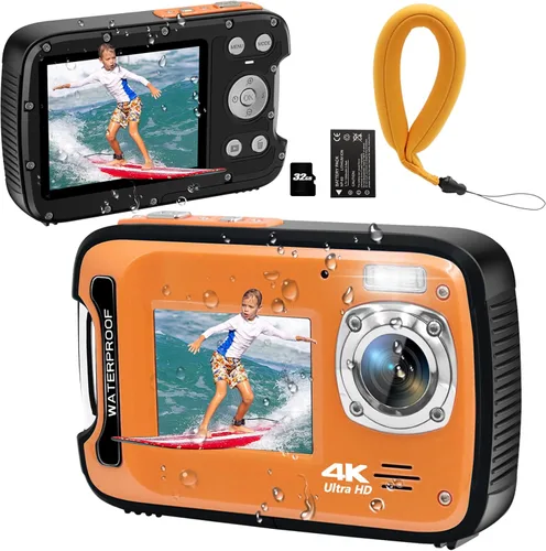 Vista 10 de Cámara subacuática 4K 48MP Autofocus Selfie Cámara impermeable de doble pantalla con correa flotante y tarjeta de 32 GB, cámara digital compacta