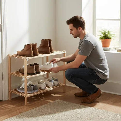 Vista 7 de Zapatero de madera, banco de almacenamiento, clóset, baño, cocina, organizador de entrada, 3 niveles, por Lavish Home.