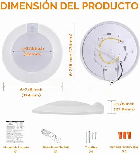 Vista 7 de CLOUDY BAY Lámpara de techo con sensor de movimiento de 5 colores, 120 V CRI90 10 W, 6.5 pulgadas, 2700 K/3000 K/3500 K/4000 K/5000 K, montaje 5CCT