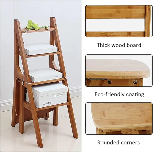 Vista 7 de Silla de escalera plegable de madera, taburete y silla 2 en 1, estilo rústico, perfecta para comedor, uso en interiores y exteriores, capacidad