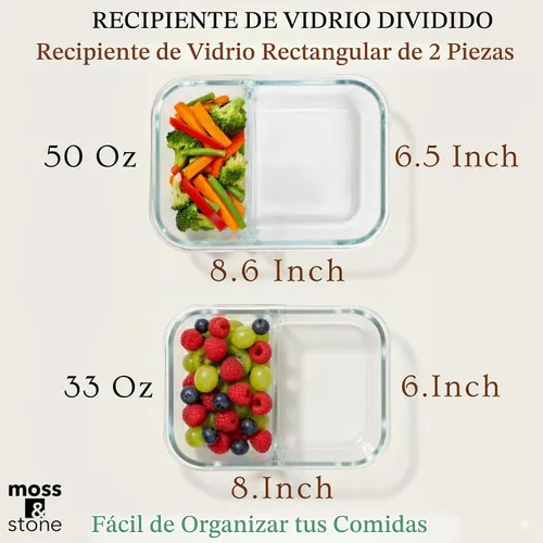 Vista 3 de Moss and Stone - Recipientes rectangulares de vidrio borosilicato para alimentos preparados, herméticos, tapas de cierre a presión, aptos