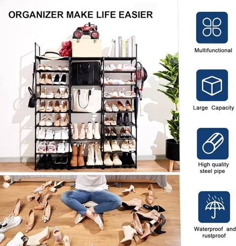 Vista 6 de Mavivegue Zapatero de metal de 9 niveles – Capacidad para 50 – 55 pares, estante de almacenamiento alto para zapatos, botas, entrada, armario, garaje