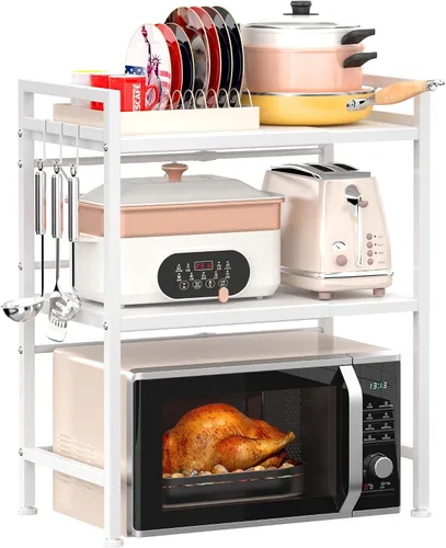 Vista 15 de PUSDON Estante para horno de microondas, estante ajustable resistente de 3 niveles con 3 ganchos para organizador de encimera de cocina