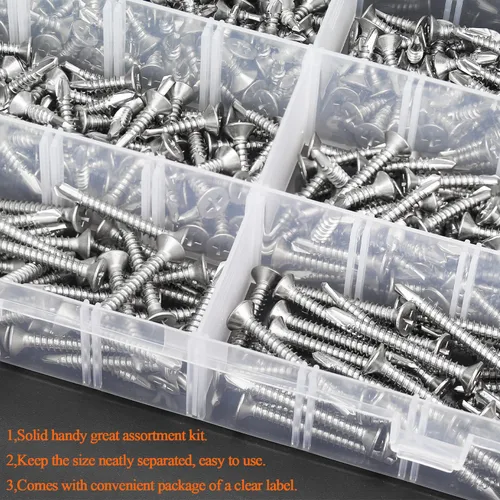 Vista 6 de HELIFOUNER Juego de 240 tornillos autoperforantes de cabeza avellanada #8 x1/2", 5/8", 3/4", 1", 1-1/4", 1-1/2" de cabeza avellanada, tornillos