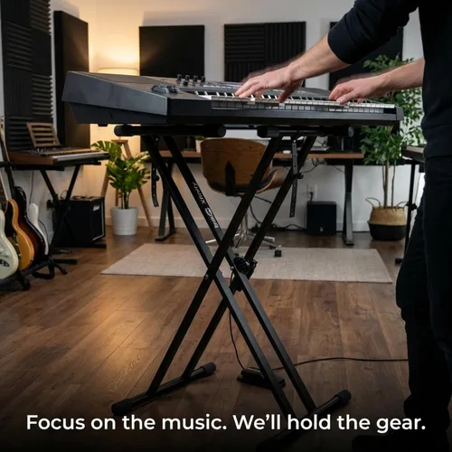 Vista 7 de RockJam Xfinity - Soporte para teclado de piano de alta resistencia, doble X, premontado, infinitamente ajustable con correas de bloqueo