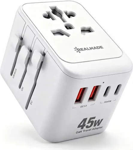Vista 8 de Realmade Adaptador de viaje universal de 35 W con carga rápida PD, 5 puertos (1 AC/2 USB-A/2 USB-C) adaptador de enchufe de viaje europeo, tipo