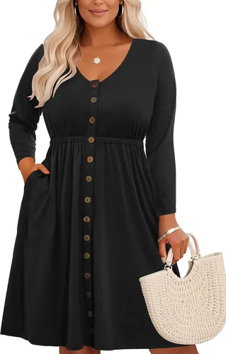 Vista 27 de Holipick Vestidos de verano para mujer, talla grande, casual, con bolsillos, acampanado, con botones, sin mangas, cuello en V