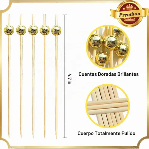 Vista 2 de Púas de cóctel, palillos de dientes para aperitivos, 100 piezas de 4.7 pulgadas palillos de cóctel de perlas doradas para decoraciones de fiestas
