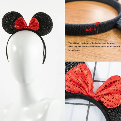 Vista 4 de CHuangQi - Diadema con orejas de ratón para niños y niñas, fiesta de cumpleaños o celebraciones, lazo negro y rojo sólido, paquete de 12