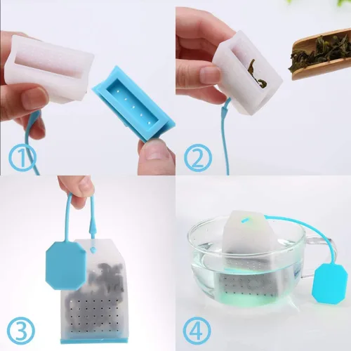 Vista 5 de Infusor de té de silicona, paquete de 4 bolsas de filtro de té de hojas sueltas con cuchara