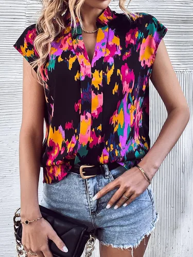 Vista 3 de MakeMeChic Blusa de manga casquillo con cuello en V y muesca para mujer