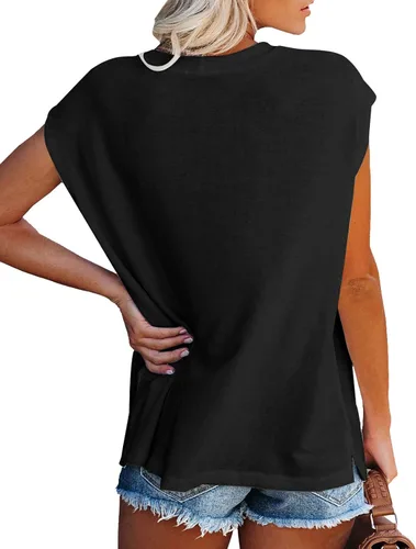 Vista 3 de WMZCYXY Camiseta de verano para mujer, sin mangas, cuello redondo, casual, holgada, con bolsillo