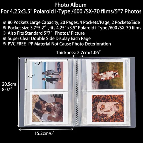 Vista 2 de Álbum de fotos para Polaroid i-Type/600/SX-70/Instax Wide 300/200/210 de 4.25 x 3.5 pulgadas, álbumes de fotos de 5 x 7 para cámara instantánea