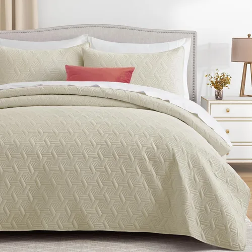 Vista 2 de Lavsiry Juego de ropa de cama acolchada de tamaño individual beige con funda de almohada, colcha ligera de verano, sobrecama, manta acolchada suave