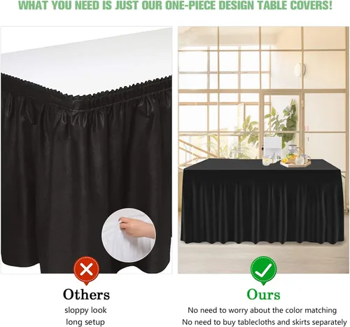 Vista 4 de Mantel de una pieza y falda para mesas rectangulares, mantel ajustable de elastano de 6 pies con falda de volantes para bodas, banquetes, baby Negro